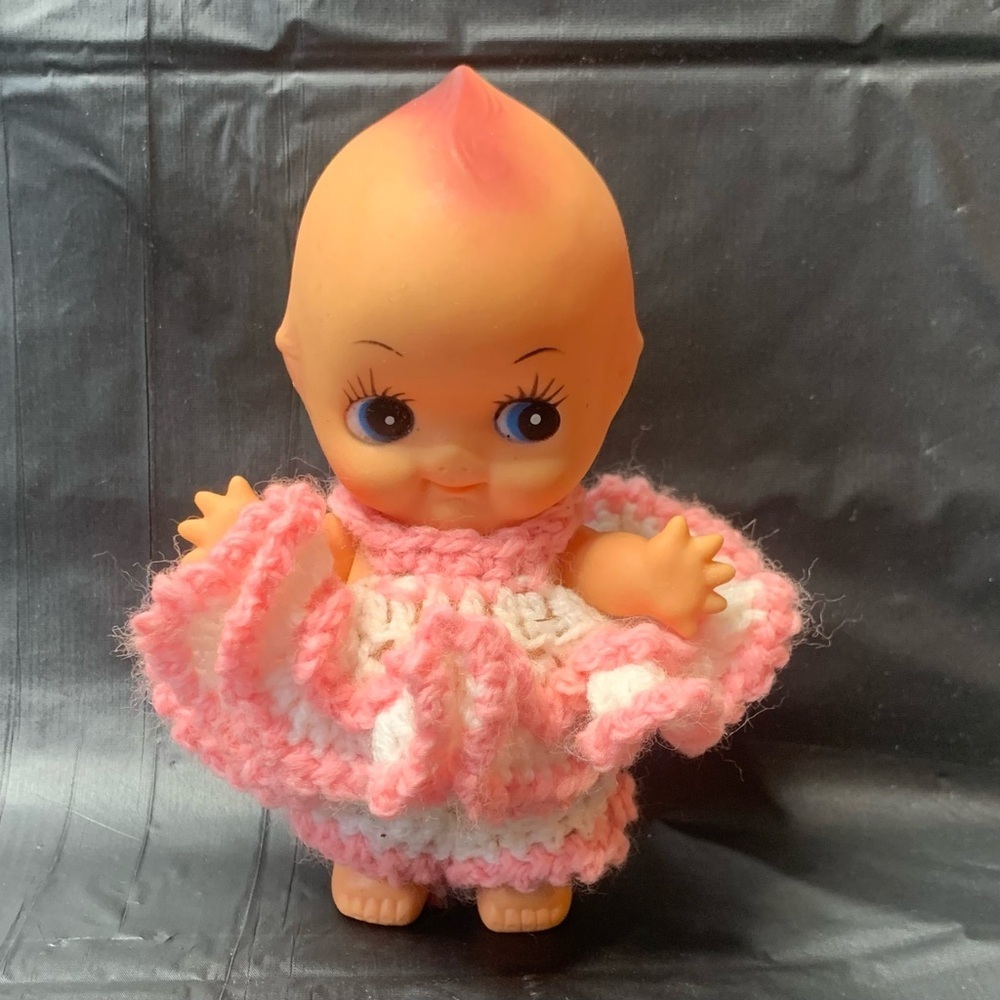 Kewpie Doll Rubber with Crochet knit Dress Pink and White Collectible Vintage